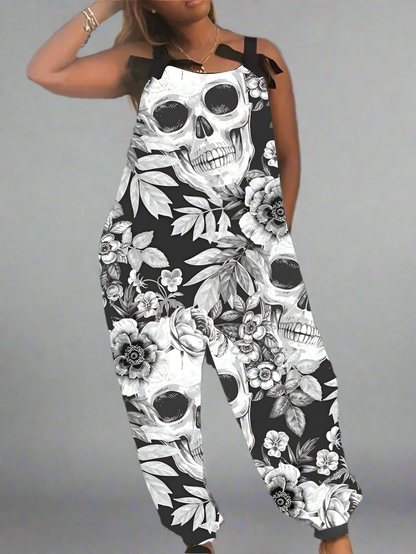 2.Women’s Gothic Skull Print Wide-Leg Jumpsuit – Punk Halloween Streetwear Rompers | High-Waist Full-Length Overalls for Spring, Summer & Autumn