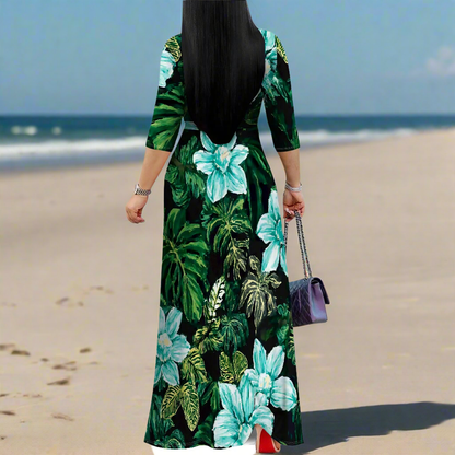Women's Tropical Print Maxi Dress: V-Neck Wrap Style with Belt, Long Summer Dress (XS–3XL)
