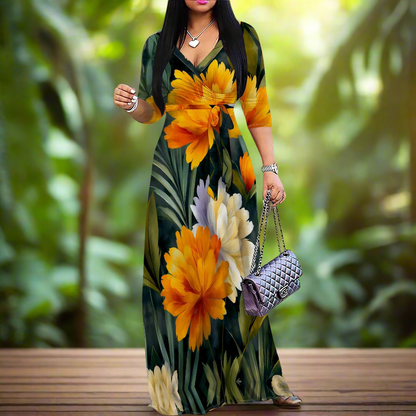 Tropical Floral Print Maxi Dress with Waist Tie, V-Neck, 3/4 Sleeve, Plus Size S-3XL
