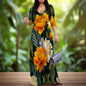 Tropical Floral Print Maxi Dress with Waist Tie, V-Neck, 3/4 Sleeve, Plus Size S-3XL