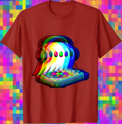 3.Ghost DJ Optical Illusion T-Shirt – Trippy EDM Rave Halloween Tee for House Music Lovers