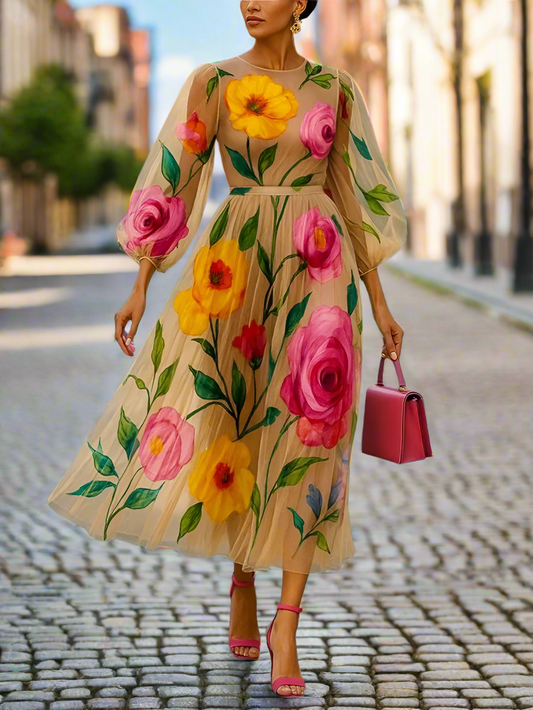 Gymystars Woman Beach Dress with pink and yellow floral print, sheer chiffon, puff sleeves, and mid-calf length, worn with a pink handbag