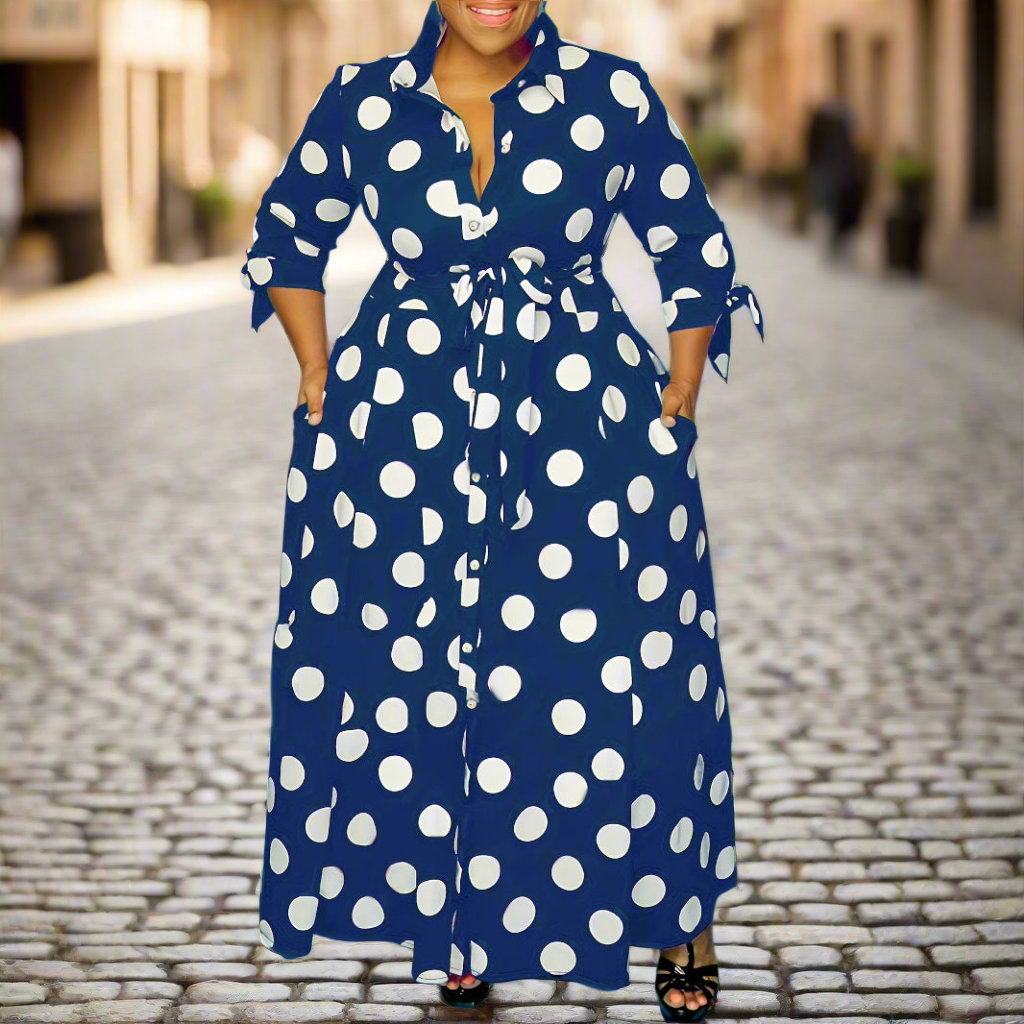 Plus Size Polka Dot A-Line Dress for Women – Elegant High Waist Spandex Midi in Multiple Colours (1XL–8XL)