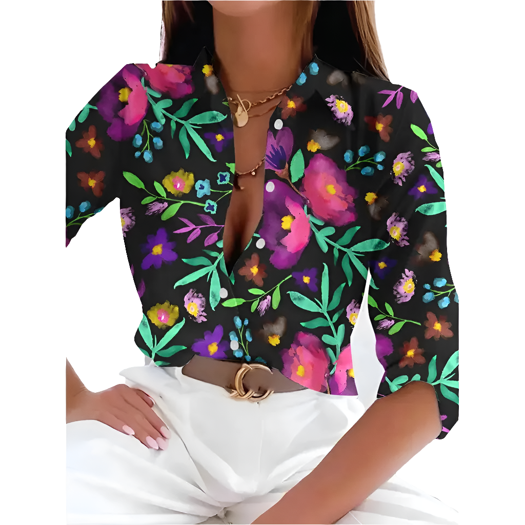 Women's Floral Print Button-Up Blouse – Long Sleeve Loose Fit Vintage Shirt