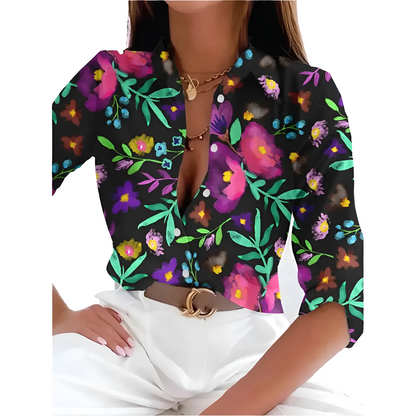 Women's Floral Print Button-Up Blouse – Long Sleeve Loose Fit Vintage Shirt
