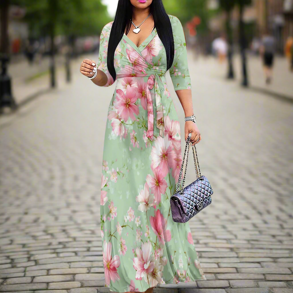 Purple Floral Maxi Dresses S‑3XL V‑Neck Wrap Style with Tie Waist & 3/4 Sleeves
