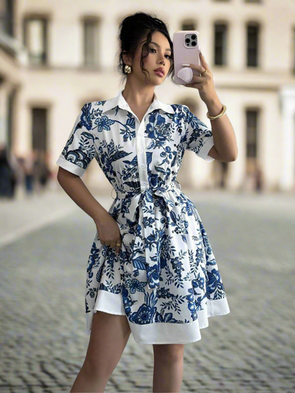 Elegant Floral Print Belted Shirt Dress – Short Sleeve Waist-Tie Summer Dresses