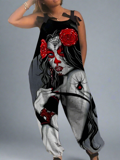 2.Women’s Gothic Skull Print Wide-Leg Jumpsuit – Punk Halloween Streetwear Rompers | High-Waist Full-Length Overalls for Spring, Summer & Autumn