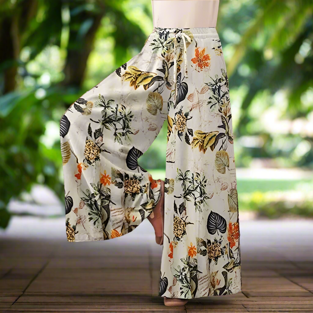 Women's Retro Print Wide-Leg Pants – Casual Loose-Fit Trousers with Drawstring Waist and Pockets Selection