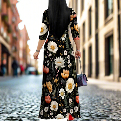 Flowery Patterns Wrap Maxi Dress | 3/4 Sleeves Fashion Dress