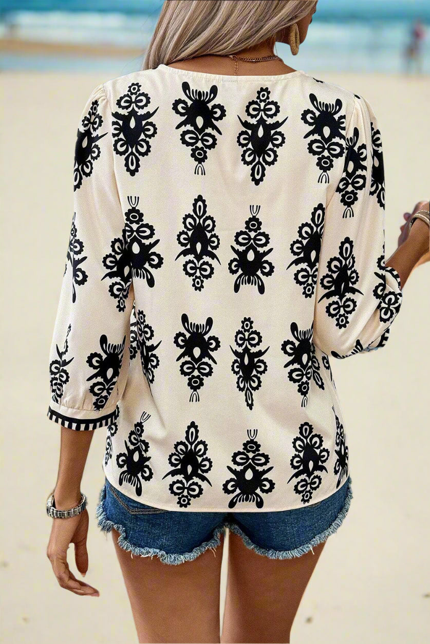 Vintage-Inspired Geometric 3/4 Sleeve Blouse - ALOE WINGS STORE