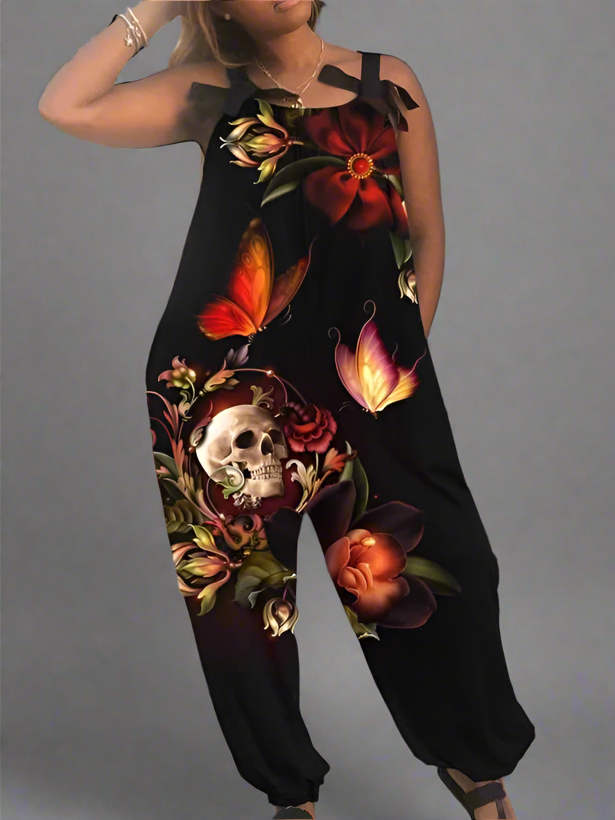 2.Women’s Gothic Skull Print Wide-Leg Jumpsuit – Punk Halloween Streetwear Rompers | High-Waist Full-Length Overalls for Spring, Summer & Autumn