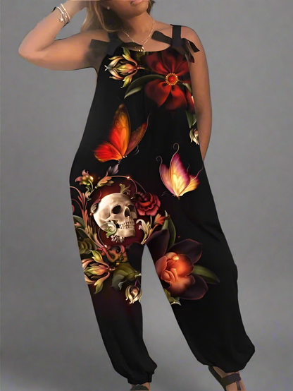 2.Women’s Gothic Skull Print Wide-Leg Jumpsuit – Punk Halloween Streetwear Rompers | High-Waist Full-Length Overalls for Spring, Summer & Autumn