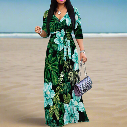 Women's Tropical Print Maxi Dress: V-Neck Wrap Style with Belt, Long Summer Dress (XS–3XL)