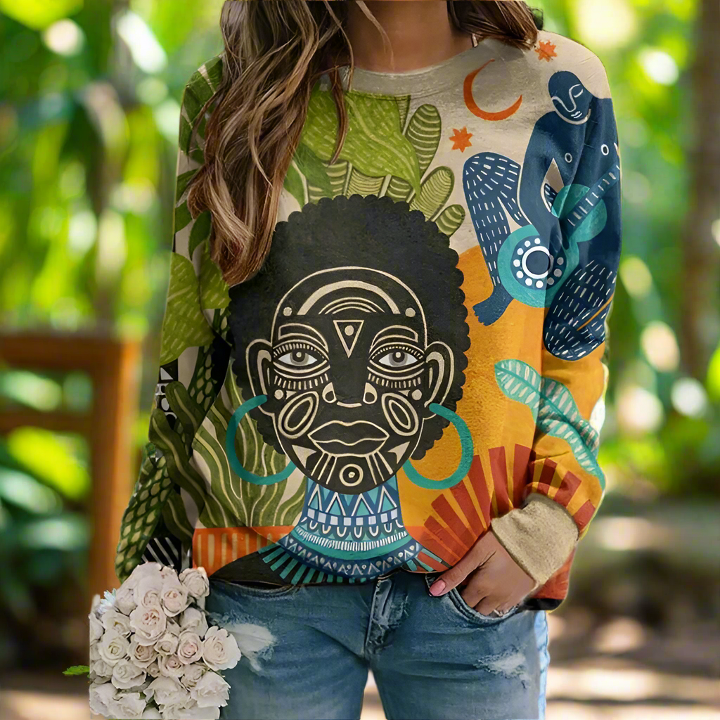 Colourful tribal face print hoodie, cultural Y2K streetwear for women, artistic design