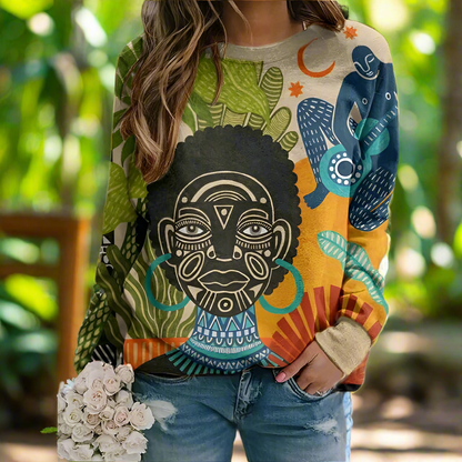 Colourful tribal face print hoodie, cultural Y2K streetwear for women, artistic design