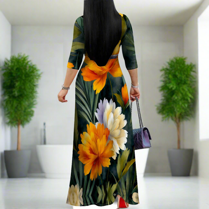 Tropical Floral Print Maxi Dress with Waist Tie, V-Neck, 3/4 Sleeve, Plus Size S-3XL
