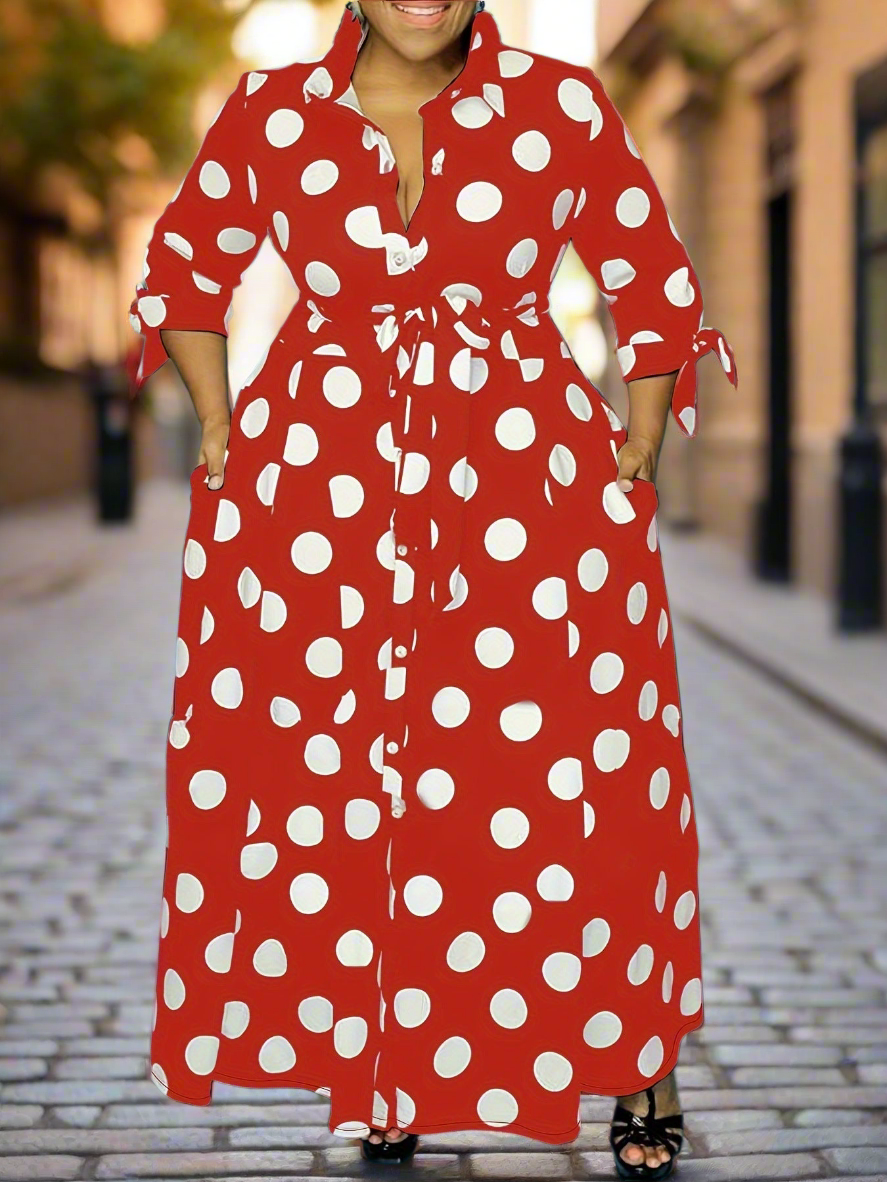 Plus Size Polka Dot A-Line Dress for Women – Elegant High Waist Spandex Midi in Multiple Colours (1XL–8XL)
