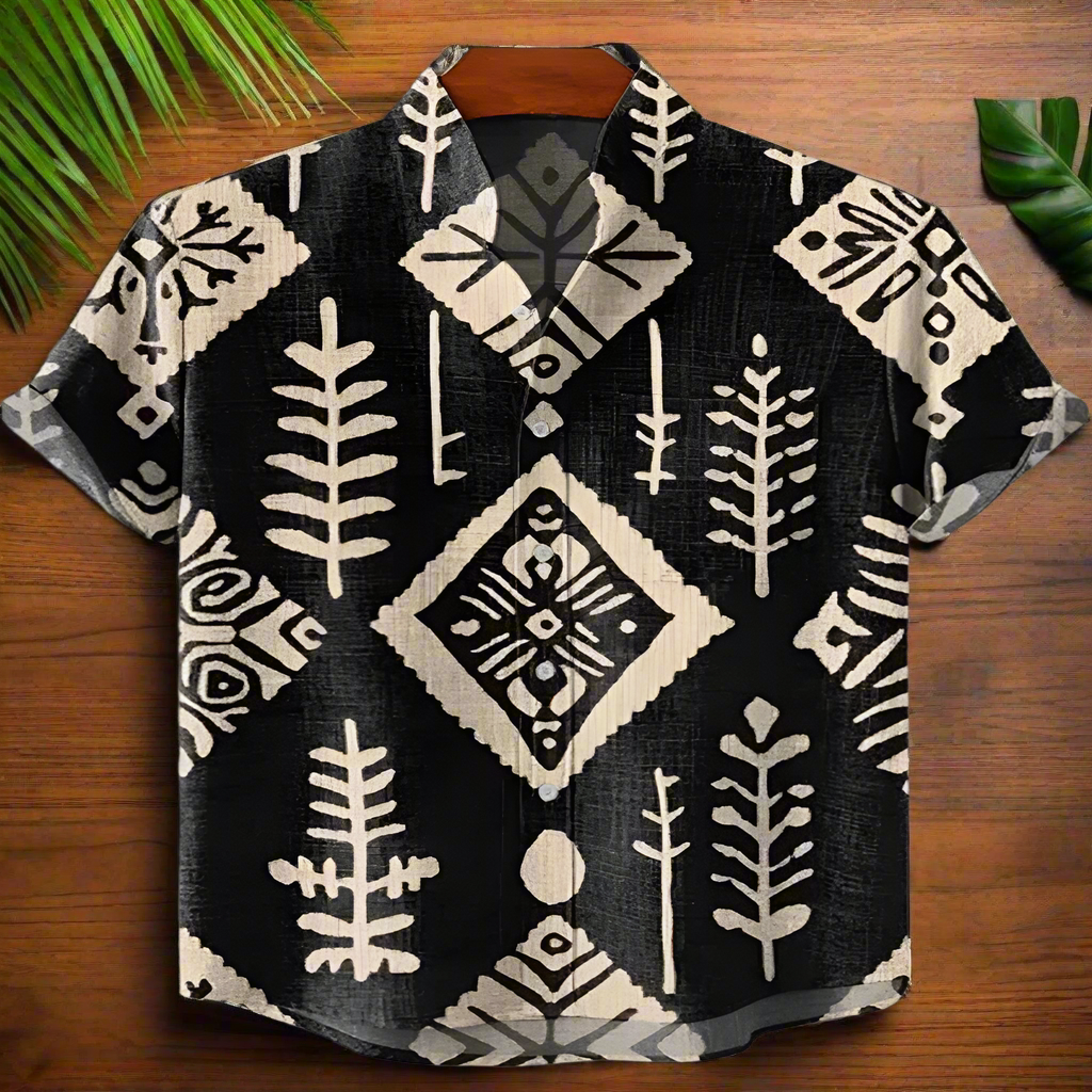 Men’s Retro Ethnic Tribal Print Shirt – Vintage African Style Bamboo Linen Short Sleeve Casual Top | Festival, Beach & Streetwear Fashion