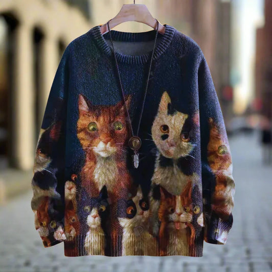 Dark, artistic sweater featuring a group portrait of various cat breeds in warm, vintage-inspired brown and orange tones.