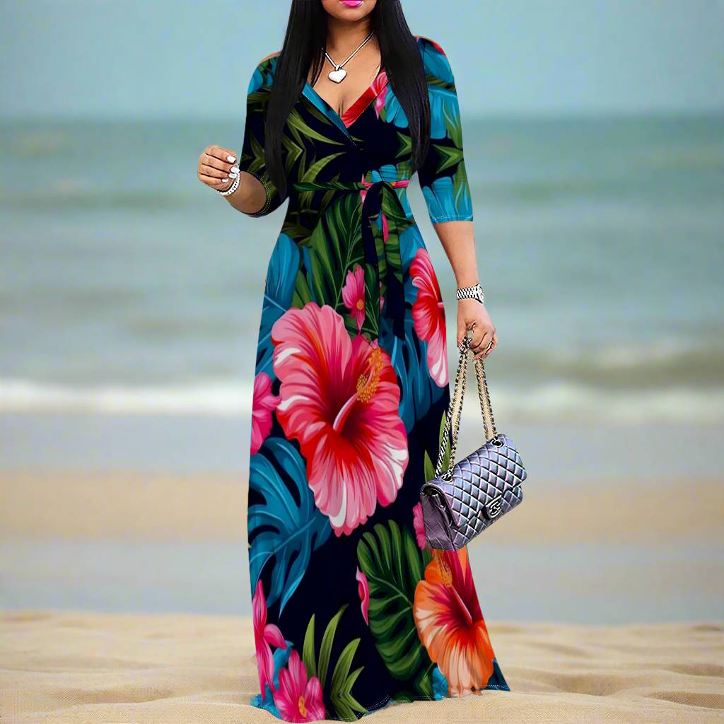 Black Tropical Floral Maxi Dresses S‑3XL V‑Neck Wrap Style with Tie Waist & 3/4 Sleeves