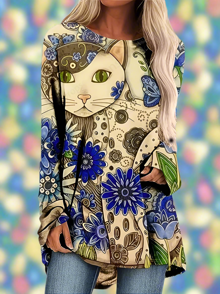 Kawaii Anime Cat & Rabbit 3D Print Long Sleeve Tunic Top for Women - ALOE WINGS STORE