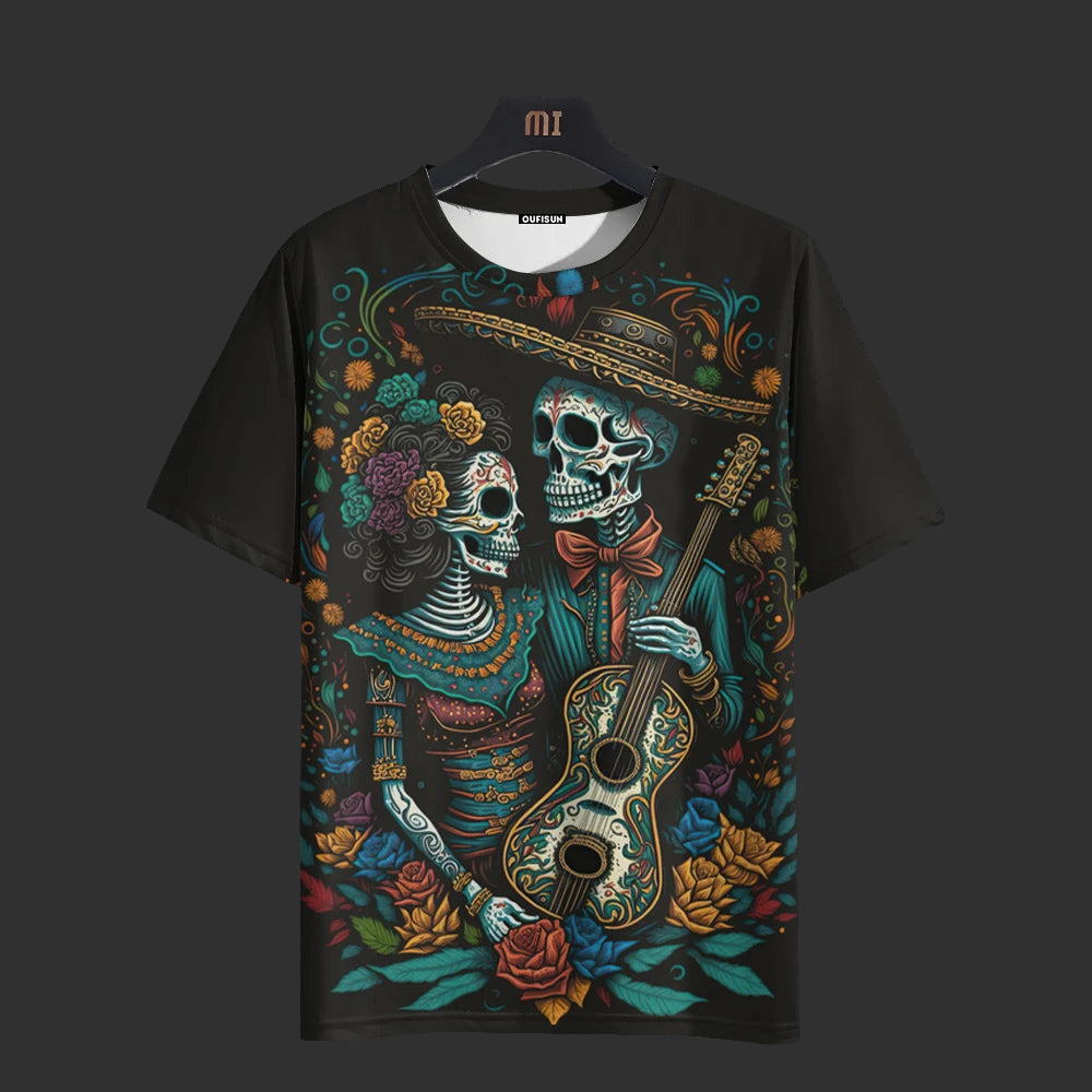 Bold Day of the Dead graphic t-shirt with sugar skull couple playing guitar, ideal for unisex fashion