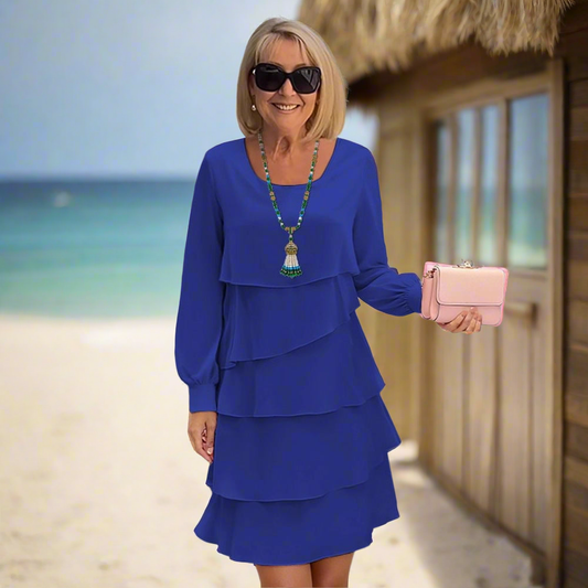 Elegant Tiered Long Sleeve Dress – Slimming Loose Fit | Solid Colour Commuter Style in Black, Blue, Pink & Red (S–3XL)