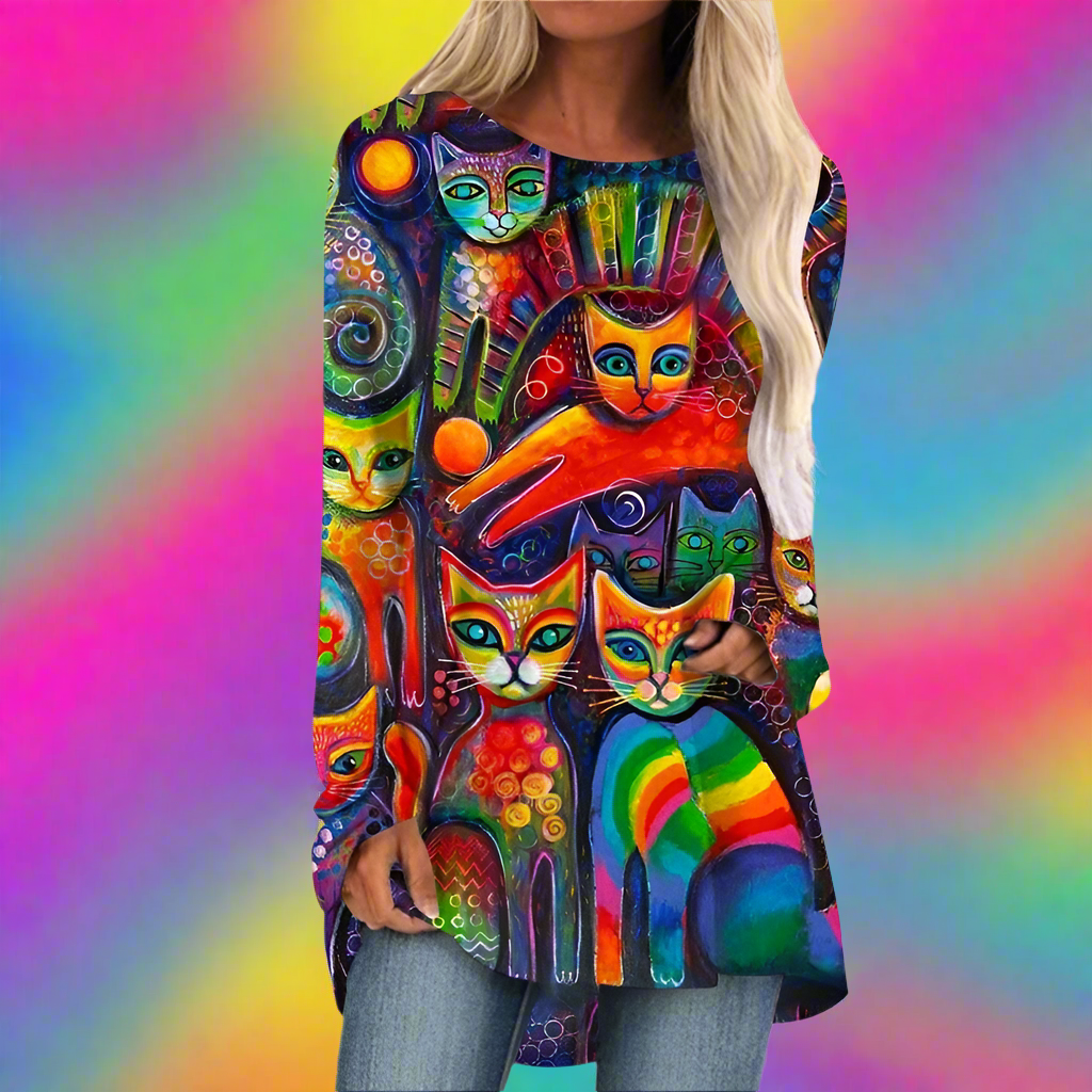 Kawaii Anime Cat & Rabbit 3D Print Long Sleeve Tunic Top for Women - ALOE WINGS STORE