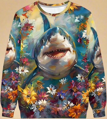 Bold shark 3D graphic sweatshirt – unisex long sleeve O-neck top with tropical floral print, perfect for streetwear lovers and ocean-themed style