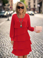 Elegant Tiered Long Sleeve Dress – Slimming Loose Fit | Solid Colour Commuter Style in Black, Blue, Pink & Red (S–3XL)