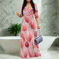 Tropical Floral Print Maxi Dress with Waist Tie, V-Neck, 3/4 Sleeve, Plus Size S-3XL