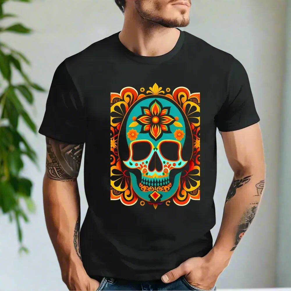 Day of the Dead Sugar Skull Anime T-Shirt - Casual Halloween Design
