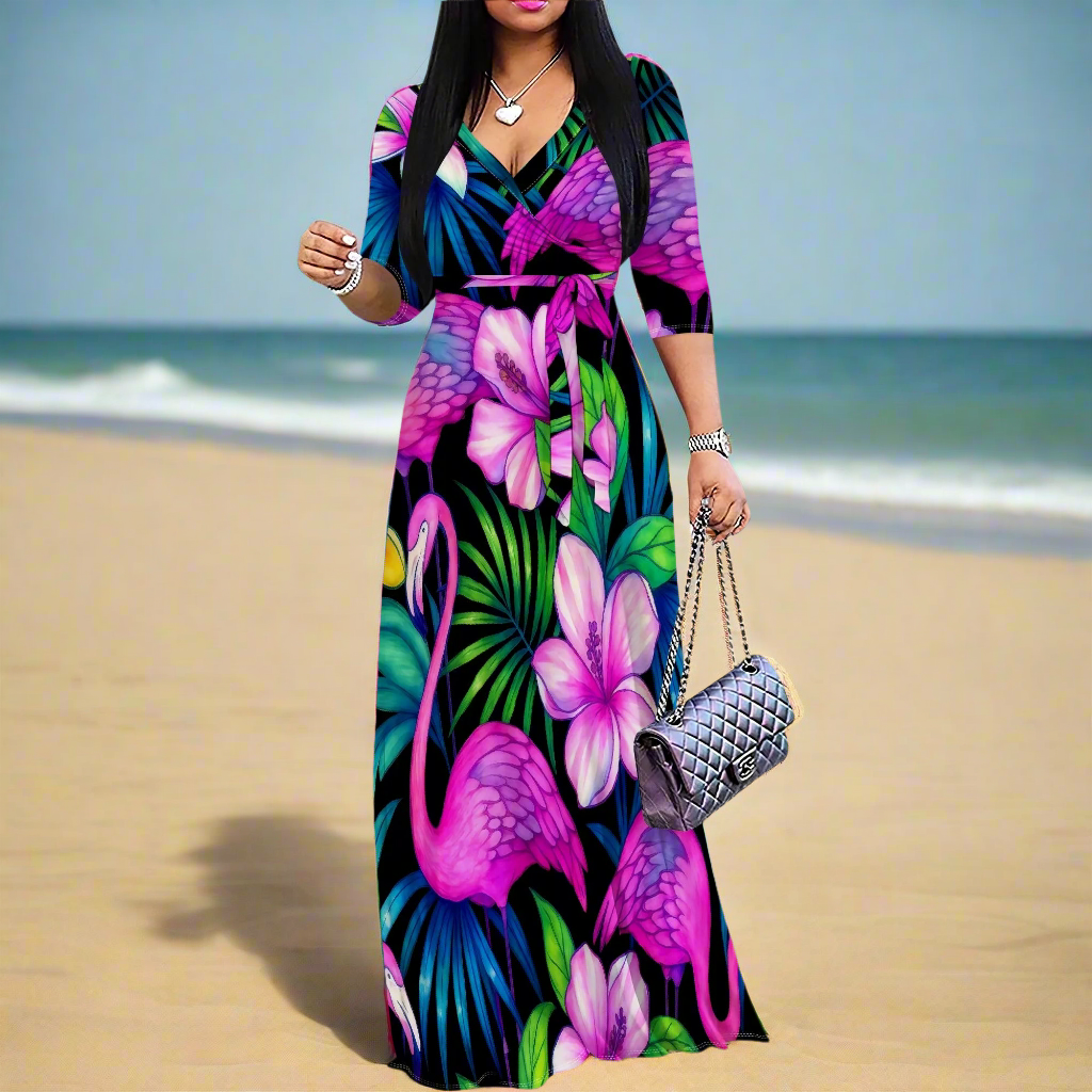 Tropical Flamingo Floral Wrap Dress for Women – Vibrant Summer Maxi Dresses – S-3XL