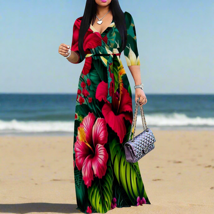 Purple Floral Maxi Dresses S‑3XL V‑Neck Wrap Style with Tie Waist & 3/4 Sleeves