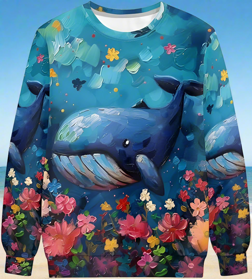 "Unisex animal print sweatshirt featuring a 3D printed blue whale surrounded by colourful flowers, ideal for casual wear."