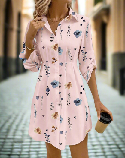 Chic Floral Print Lapel Shirt Dress – Long Sleeve Elegant Commuter Style