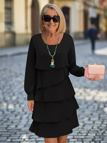 Elegant Tiered Long Sleeve Dress – Slimming Loose Fit | Solid Colour Commuter Style in Black, Blue, Pink & Red (S–3XL)