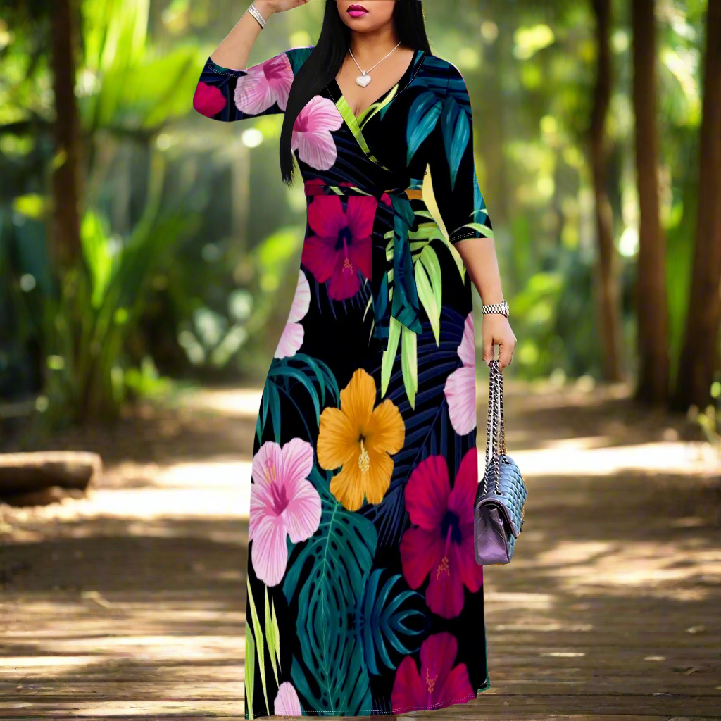Black Tropical Floral Maxi Dresses S‑3XL V‑Neck Wrap Style with Tie Waist & 3/4 Sleeves