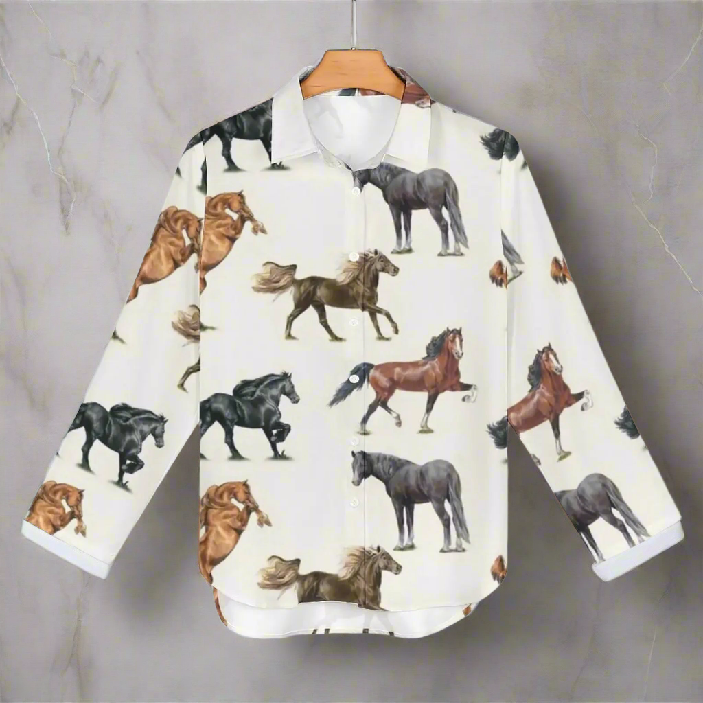 Horse Print Blouses for Women – Loose Fit Long Sleeve Casual Shirts | Spring, Autumn Office Chic Top with Button Front | Animal Print Polyester Tunics