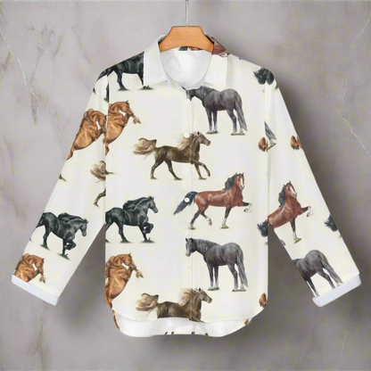 Horse Print Blouses for Women – Loose Fit Long Sleeve Casual Shirts | Spring, Autumn Office Chic Top with Button Front | Animal Print Polyester Tunics