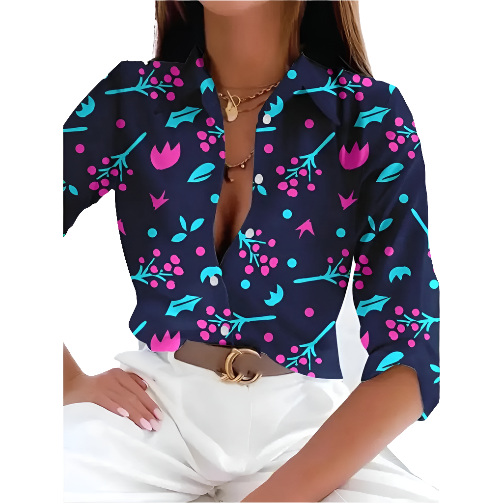 Women's Floral Print Button-Up Blouse – Long Sleeve Loose Fit Vintage Shirt