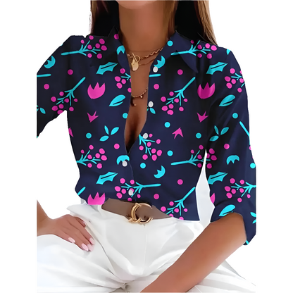 Women's Floral Print Button-Up Blouse – Long Sleeve Loose Fit Vintage Shirt