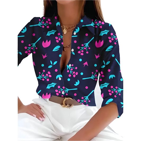 Women's Floral Print Button-Up Blouse – Long Sleeve Loose Fit Vintage Shirt