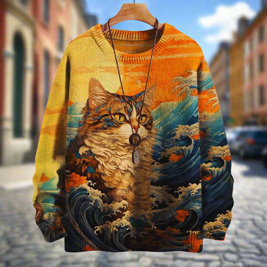 Dark, artistic sweater featuring a group portrait of various cat breeds in warm, vintage-inspired brown and orange tones