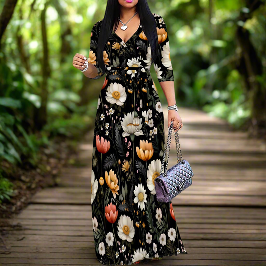 Flowery Patterns Wrap Maxi Dress | 3/4 Sleeves Fashion Dress