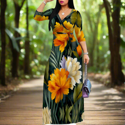Tropical Floral Print Maxi Dress with Waist Tie, V-Neck, 3/4 Sleeve, Plus Size S-3XL