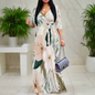 Black Tropical Floral Maxi Dresses S‑3XL V‑Neck Wrap Style with Tie Waist & 3/4 Sleeves