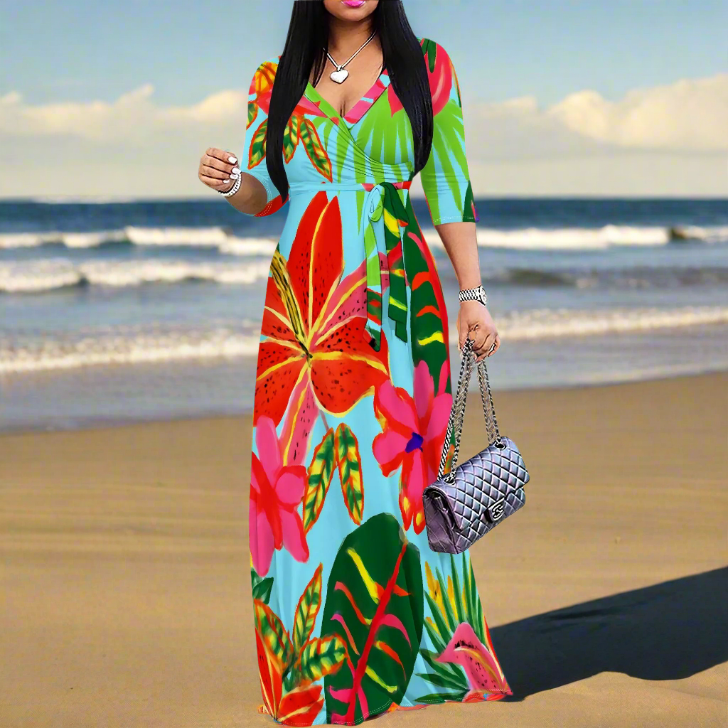 Tropical Flamingo Floral Wrap Dress for Women – Vibrant Summer Maxi Dresses – S-3XL
