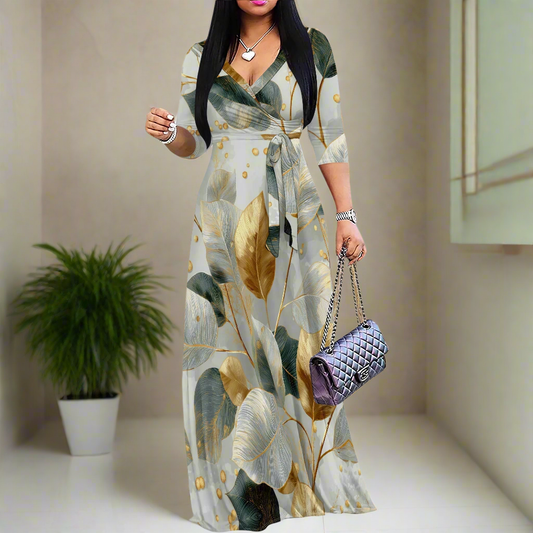 Tropical Floral Print Maxi Dress with Waist Tie, V-Neck, 3/4 Sleeve, Plus Size S-3XL